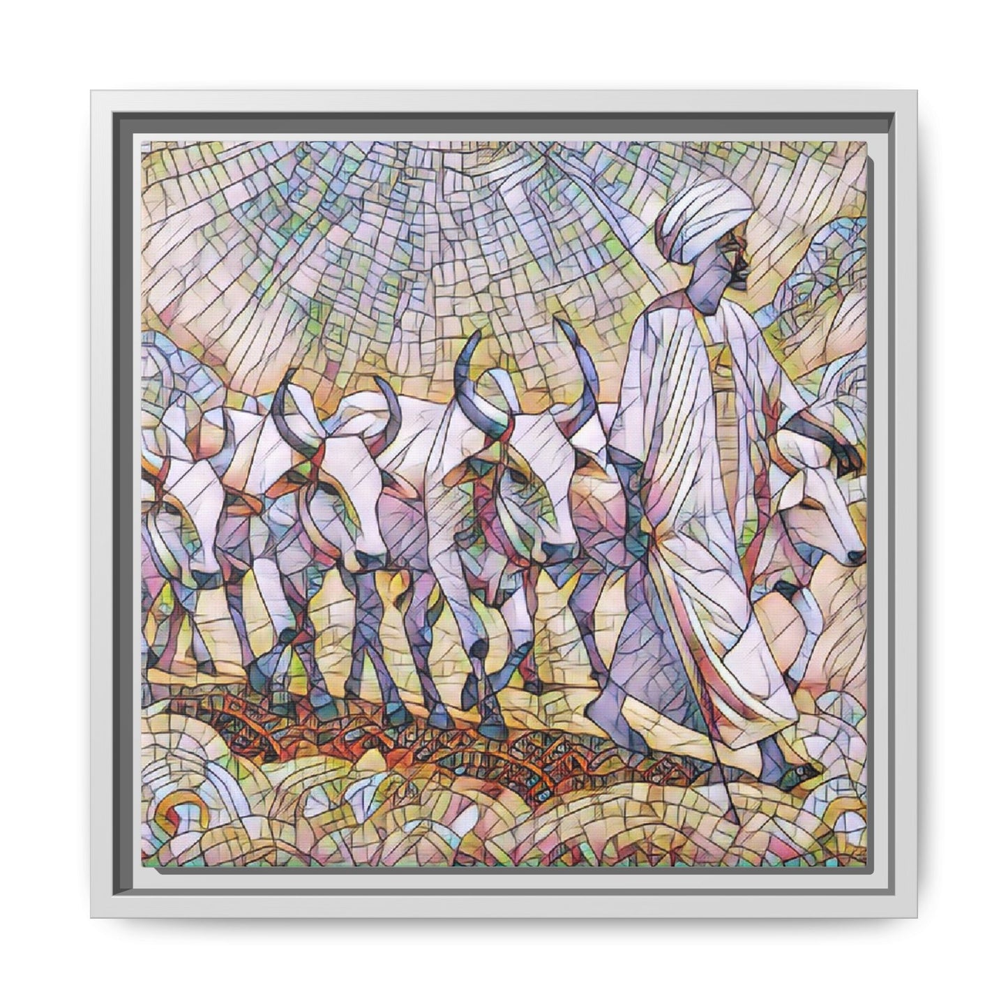 Framed Matte Canvas Art — African Herdsman Mosaic Print