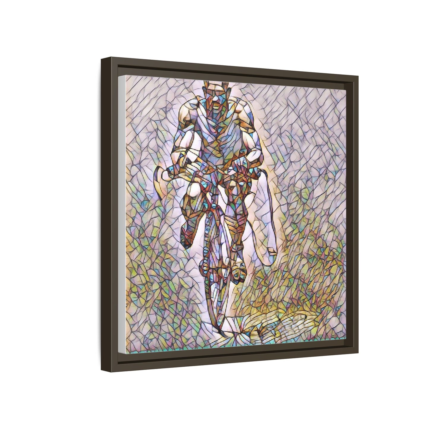 Cyclist Art Print — Framed Matte Canvas Wall Art (Multicolor Stained-Glass Style)
