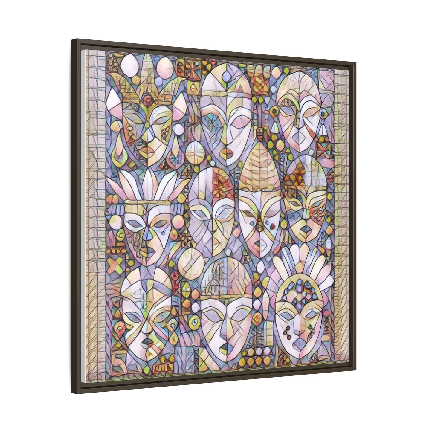 Framed Abstract Mask Art Canvas — Multicolor Stained-Glass Faces Wall Decor