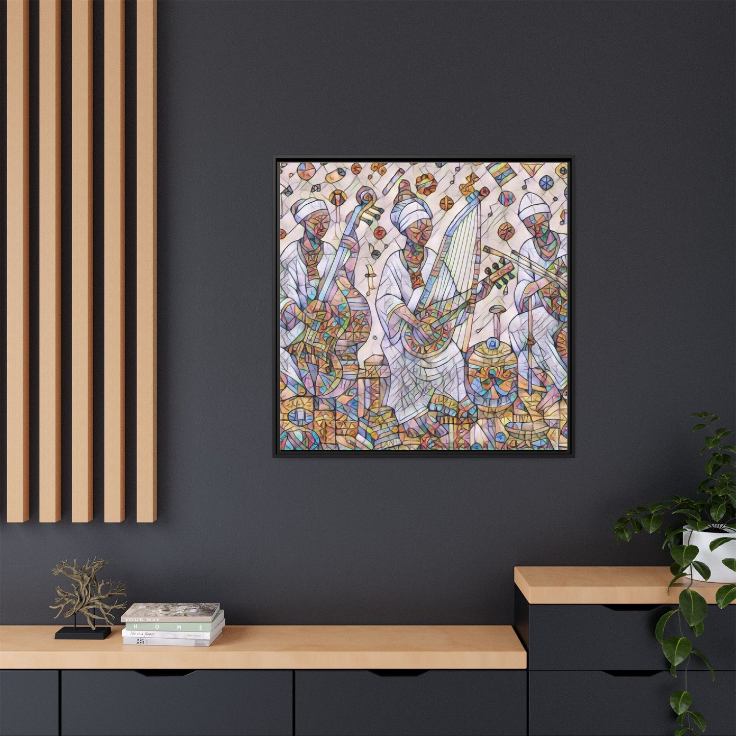 Framed Matte Canvas Print — Colorful African Musicians Stained-Glass Art