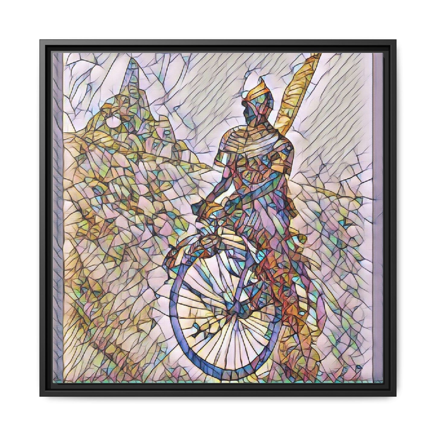 Cyclist Stained Glass Art Print — Framed Matte Canvas