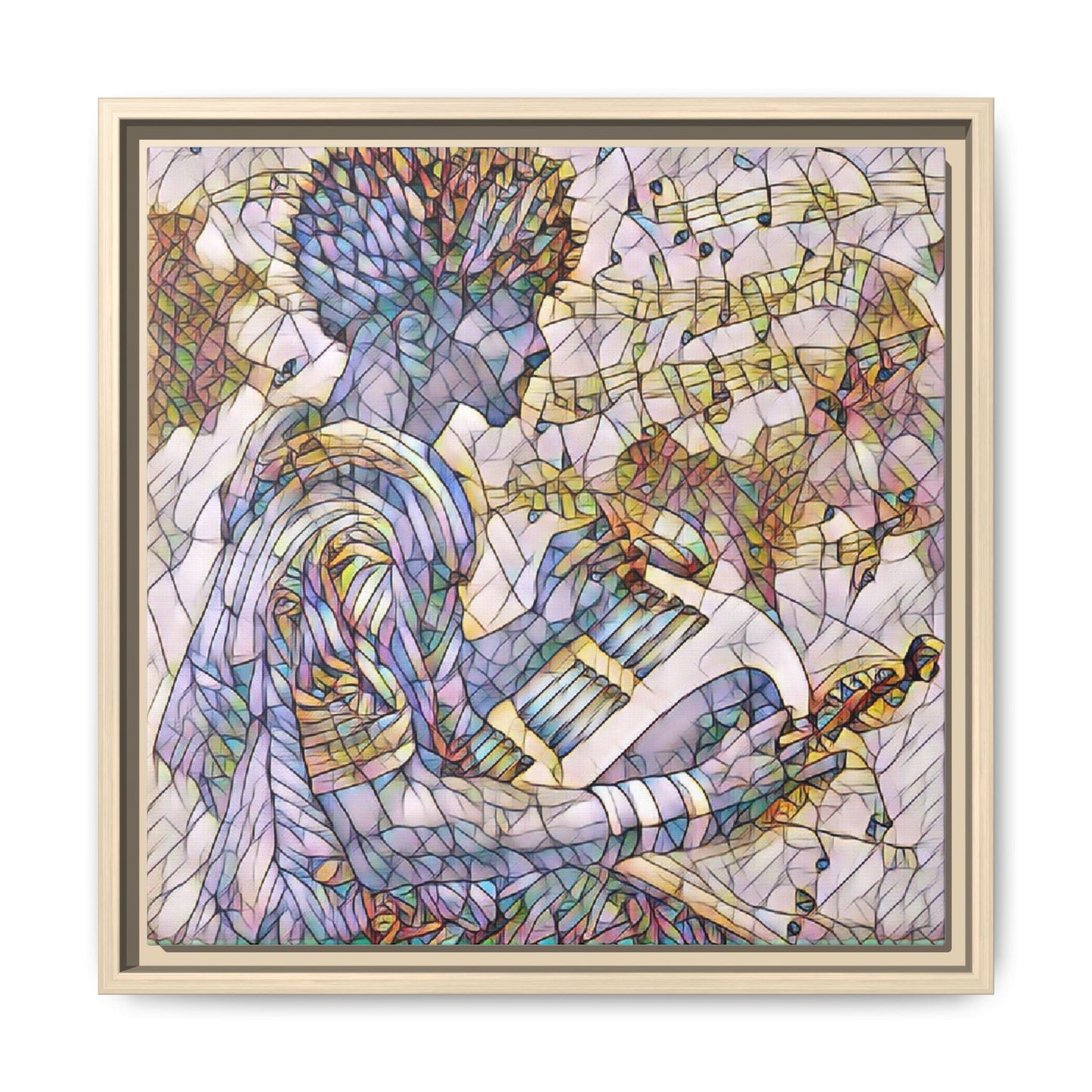 Abstract Jazz Musician Framed Canvas Art — Colorful Stained-Glass Style Wall Decor