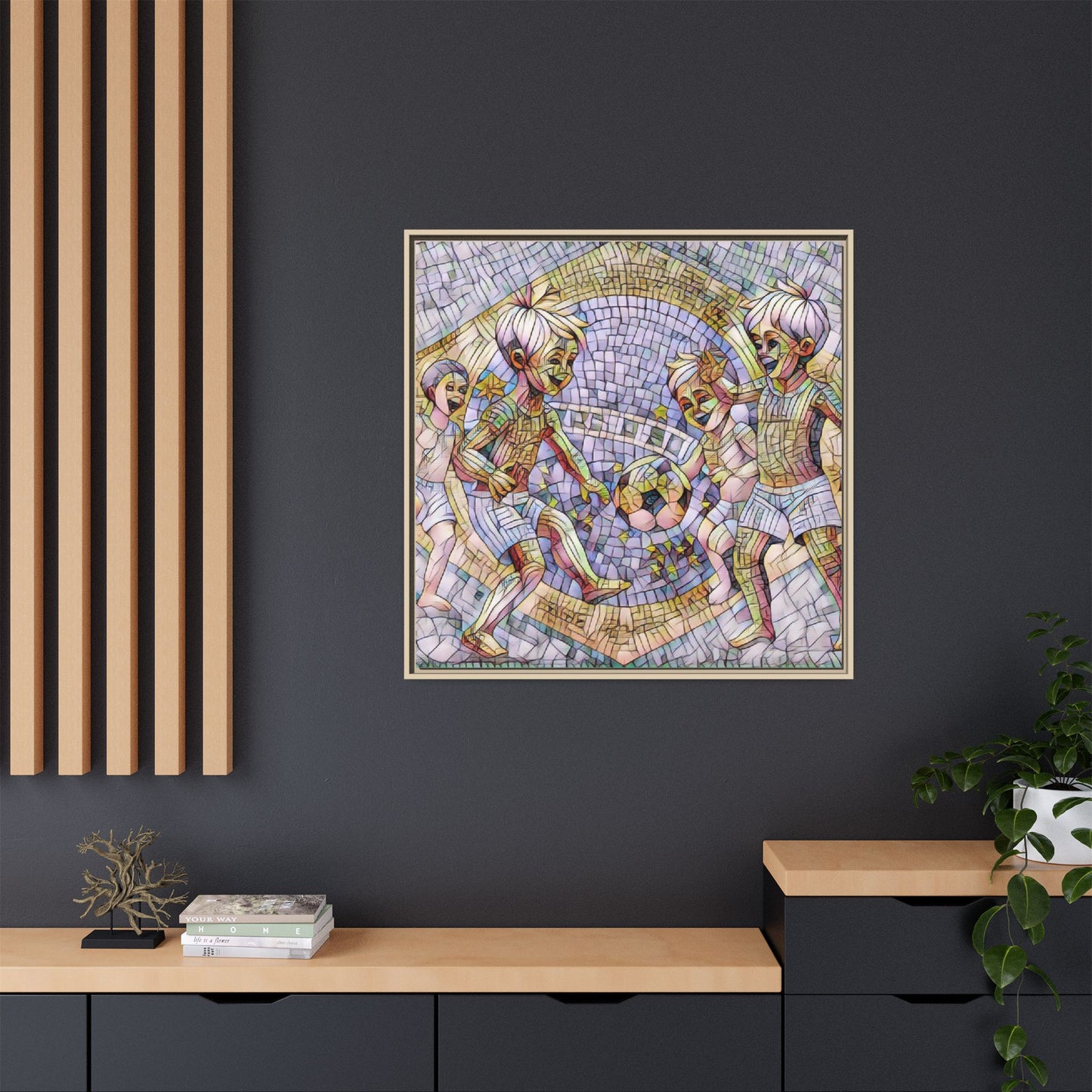 Framed Matte Canvas – Vintage Mosaic Kids Playing Soccer Art