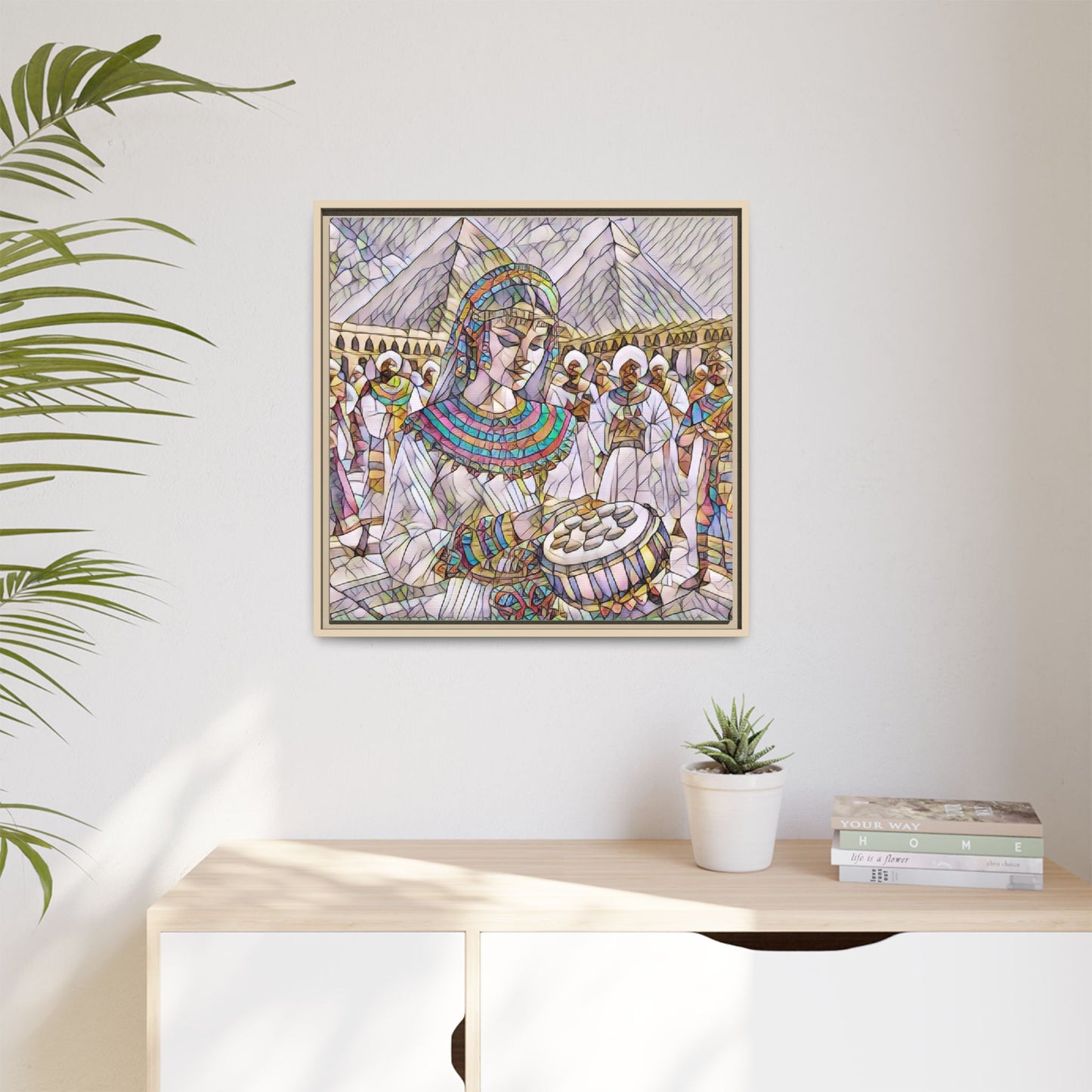 Egyptian Drum Player Framed Canvas Art — Colorful Ancient Scene Wall Decor
