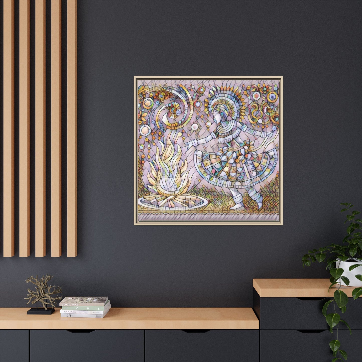 Bohemian Fire Dancer Framed Canvas Art — Colorful Folk Mosaic Wall Decor