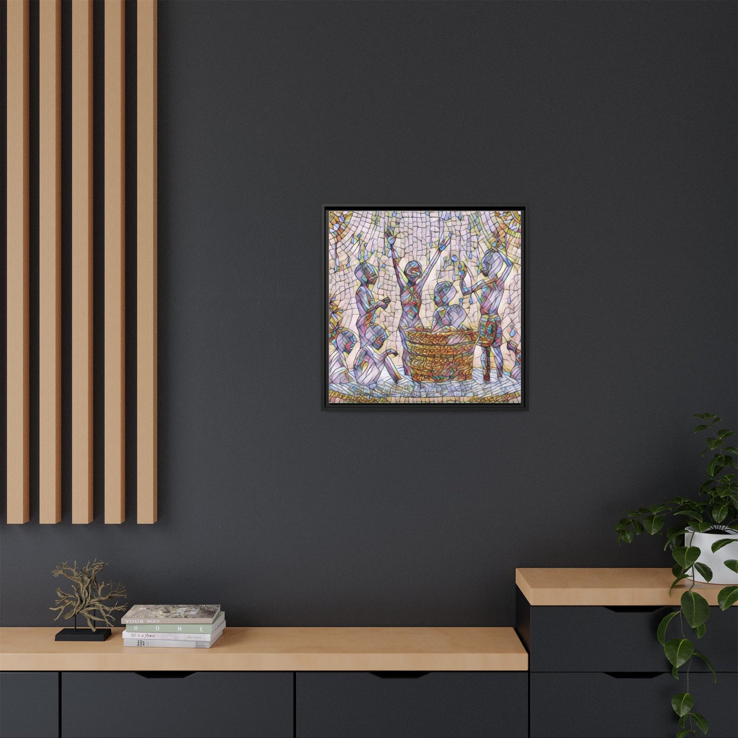 Framed Matte Canvas Art — Children Playing Mosaic Illustration