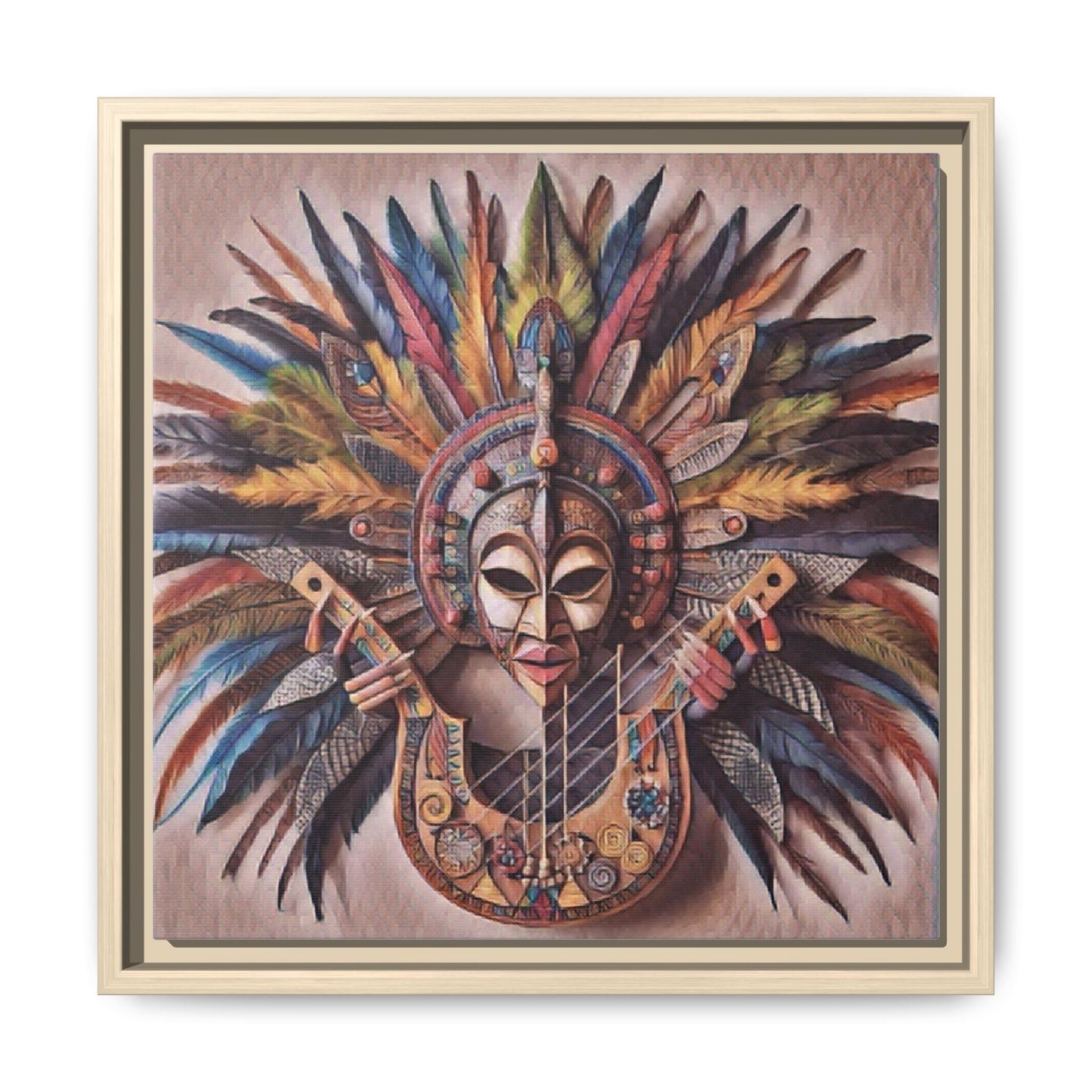 Tribal Feather Mask Guitar Framed Canvas Art — Colorful Boho Wall Decor