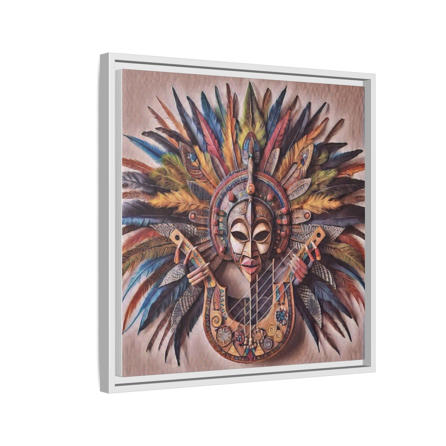 Tribal Feather Mask Guitar Framed Canvas Art — Colorful Boho Wall Decor