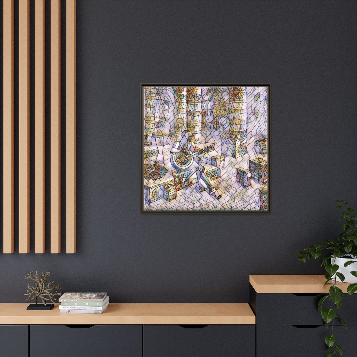 Framed Matte Canvas Art - Abstract Guitarist in Colorful Mosaic