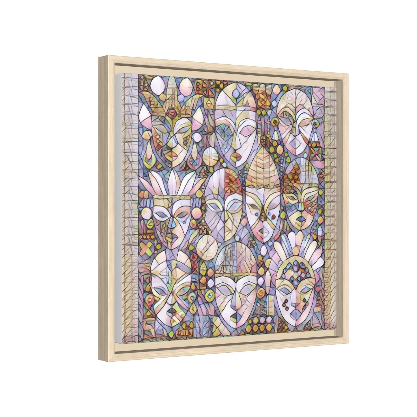 Framed Abstract Mask Art Canvas — Multicolor Stained-Glass Faces Wall Decor