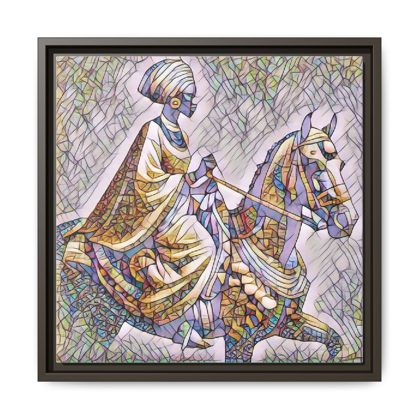 Mosaic Rider Framed Canvas Art — African Horsewoman Wall Decor