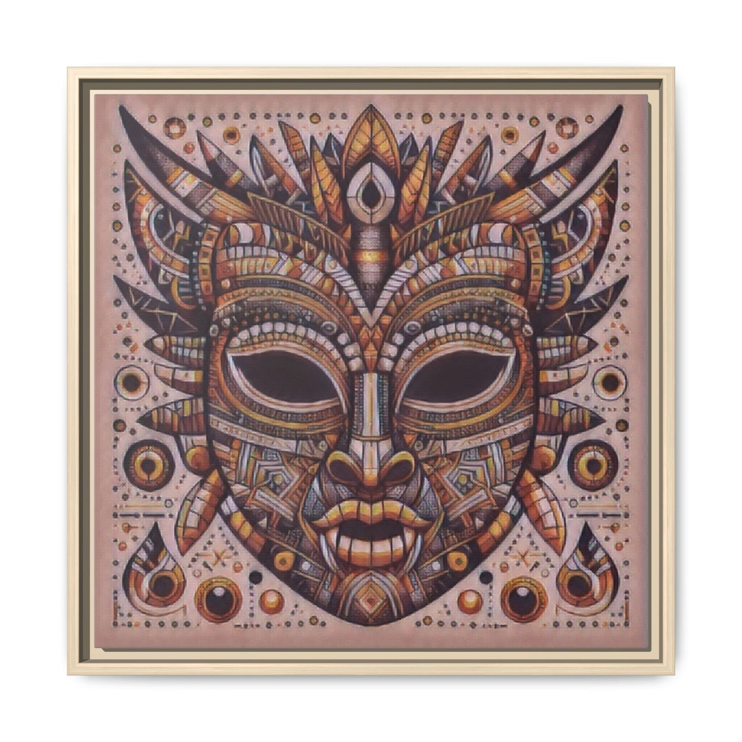 Tribal Mask Framed Canvas Art — Multicolor Matte Wall Decor