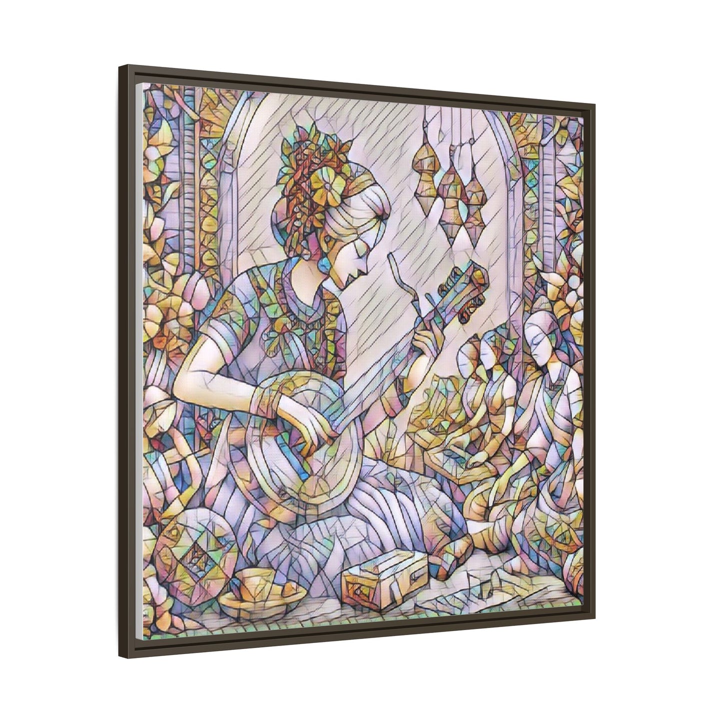 Framed Matte Canvas: Bohemian Woman Playing Lute — Stained-Glass Style Wall Art