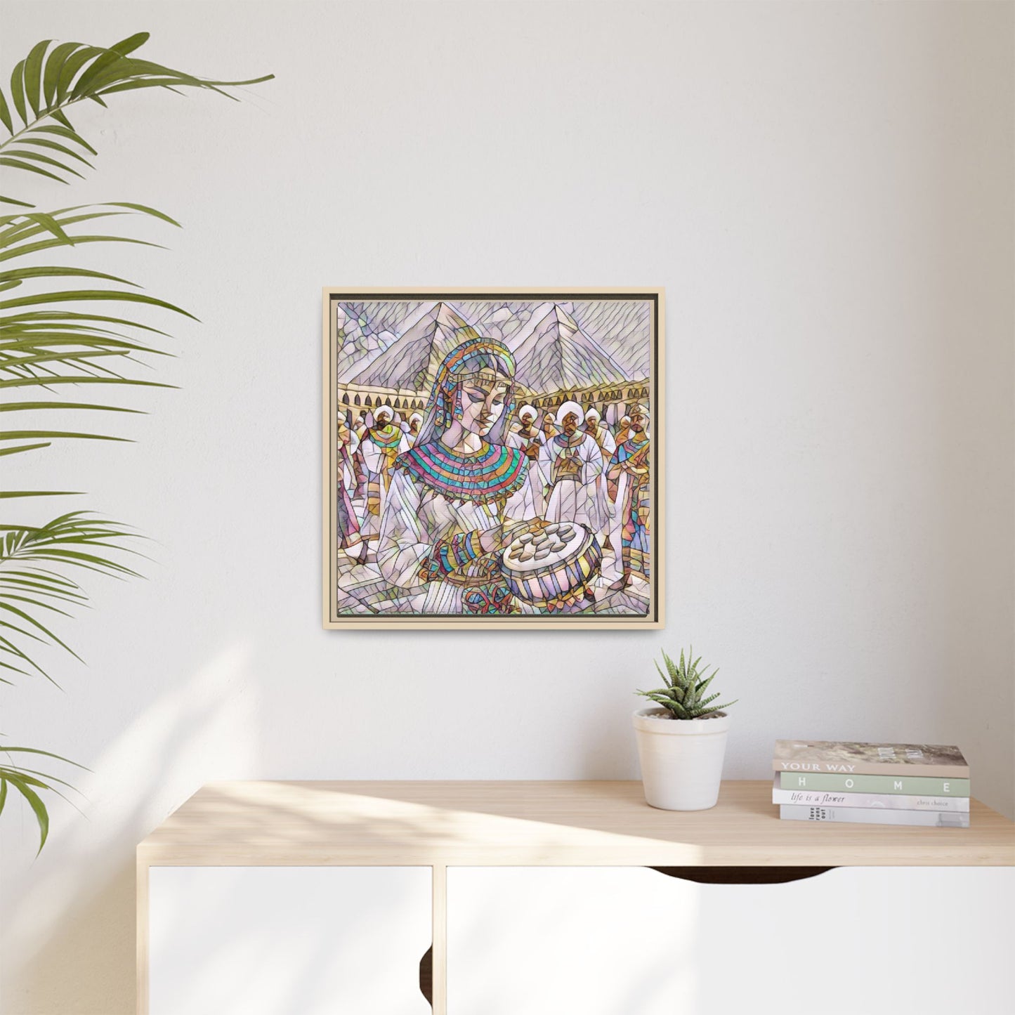 Egyptian Drum Player Framed Canvas Art — Colorful Ancient Scene Wall Decor
