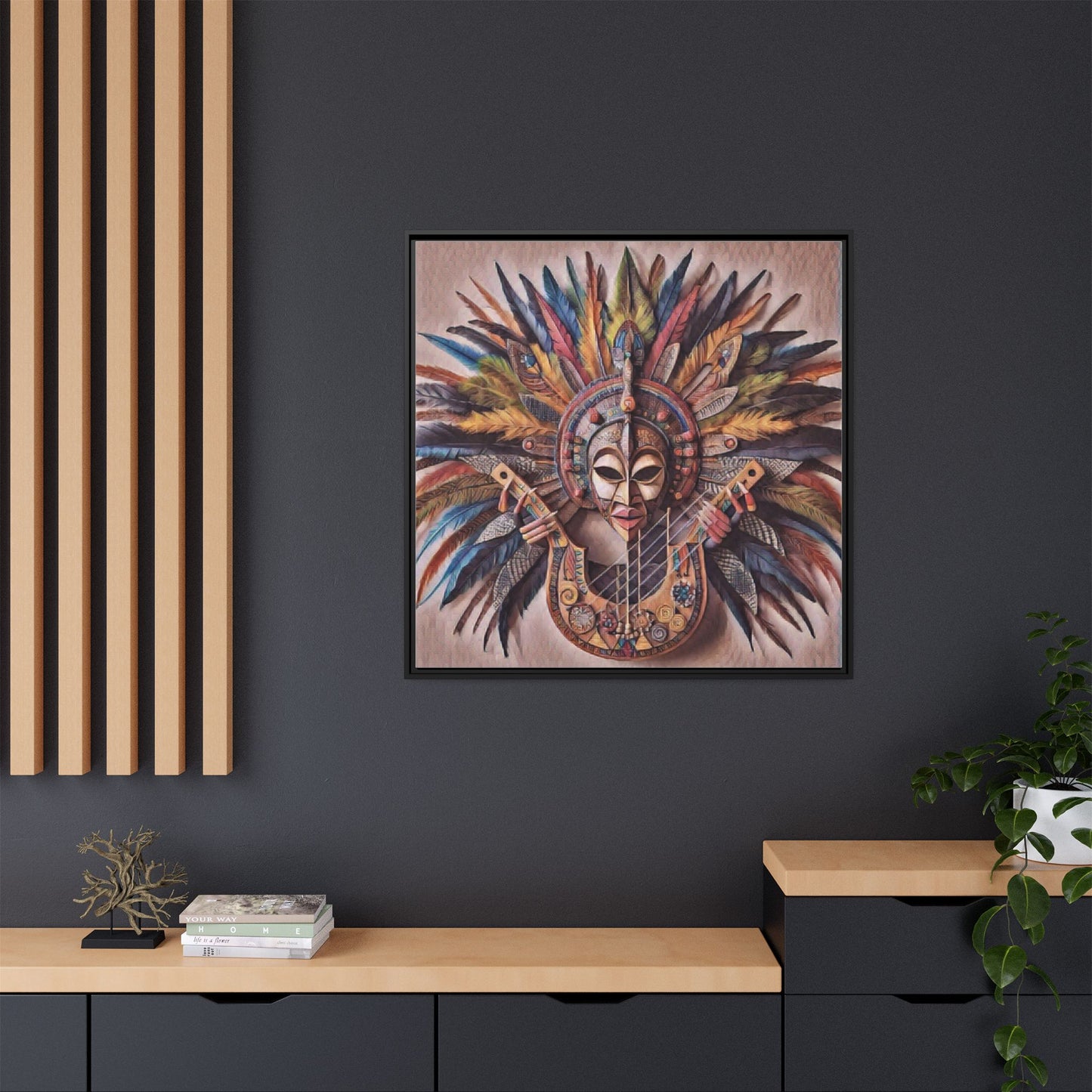 Tribal Feather Mask Guitar Framed Canvas Art — Colorful Boho Wall Decor