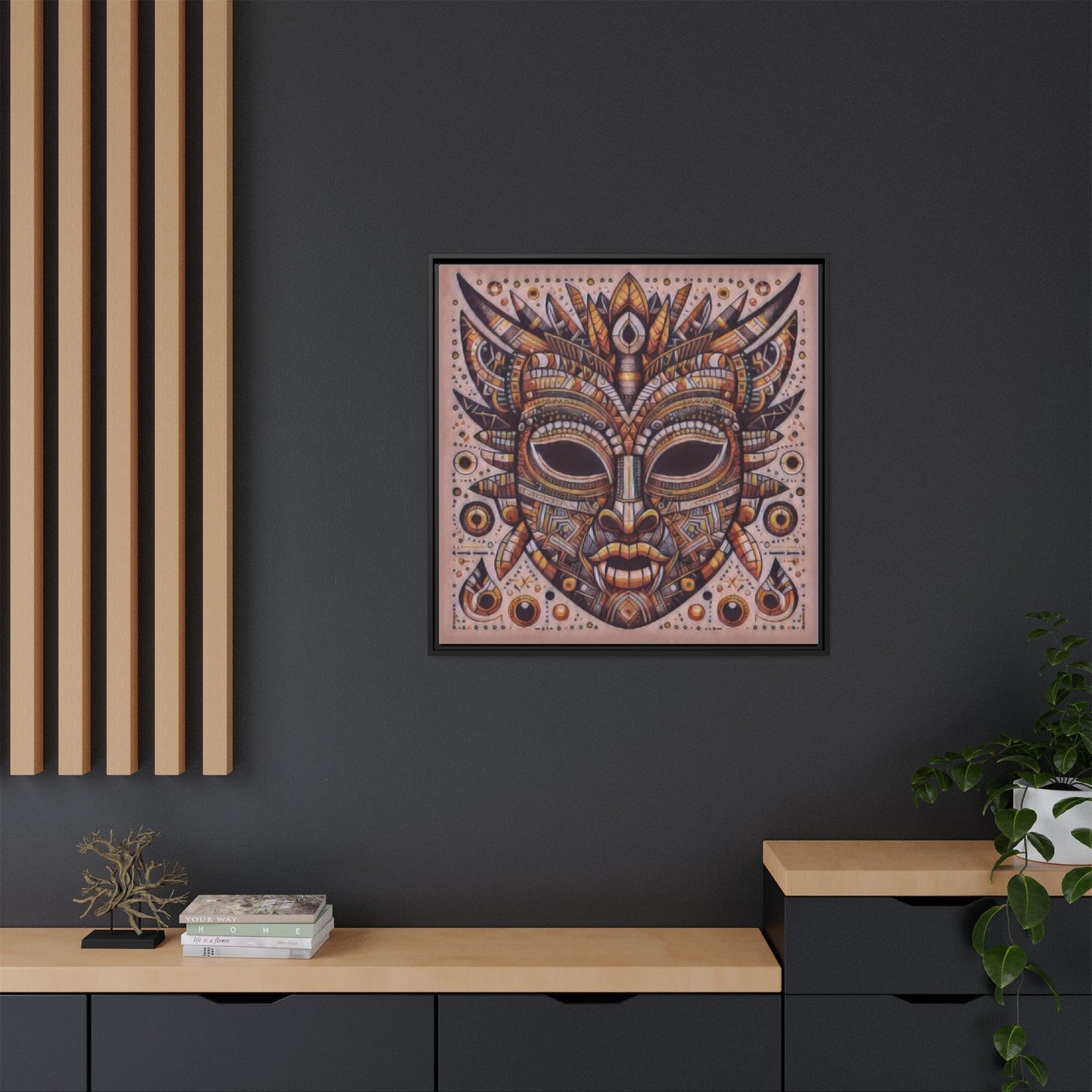 Tribal Mask Framed Canvas Art — Multicolor Matte Wall Decor