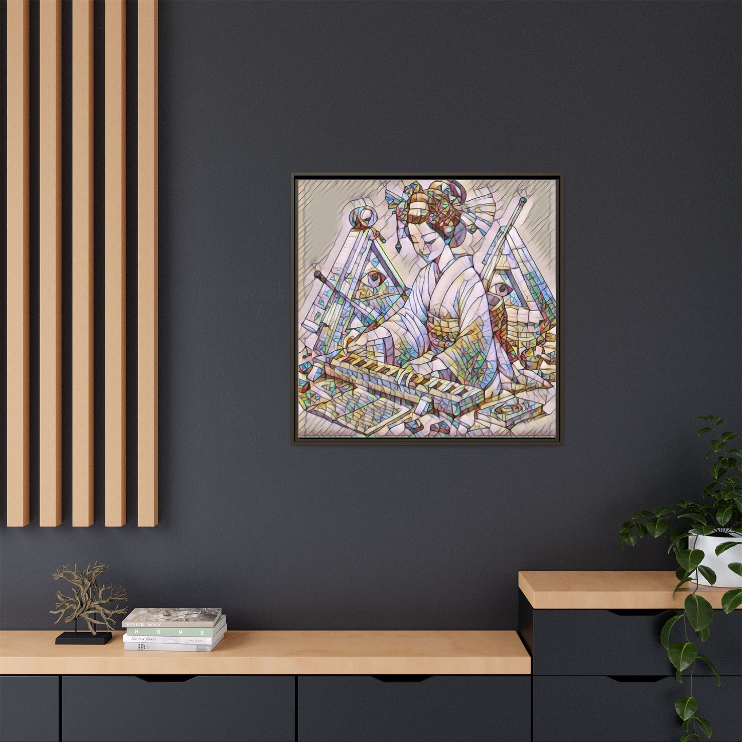 Framed Matte Canvas: Stained-Glass Geisha Wall Art