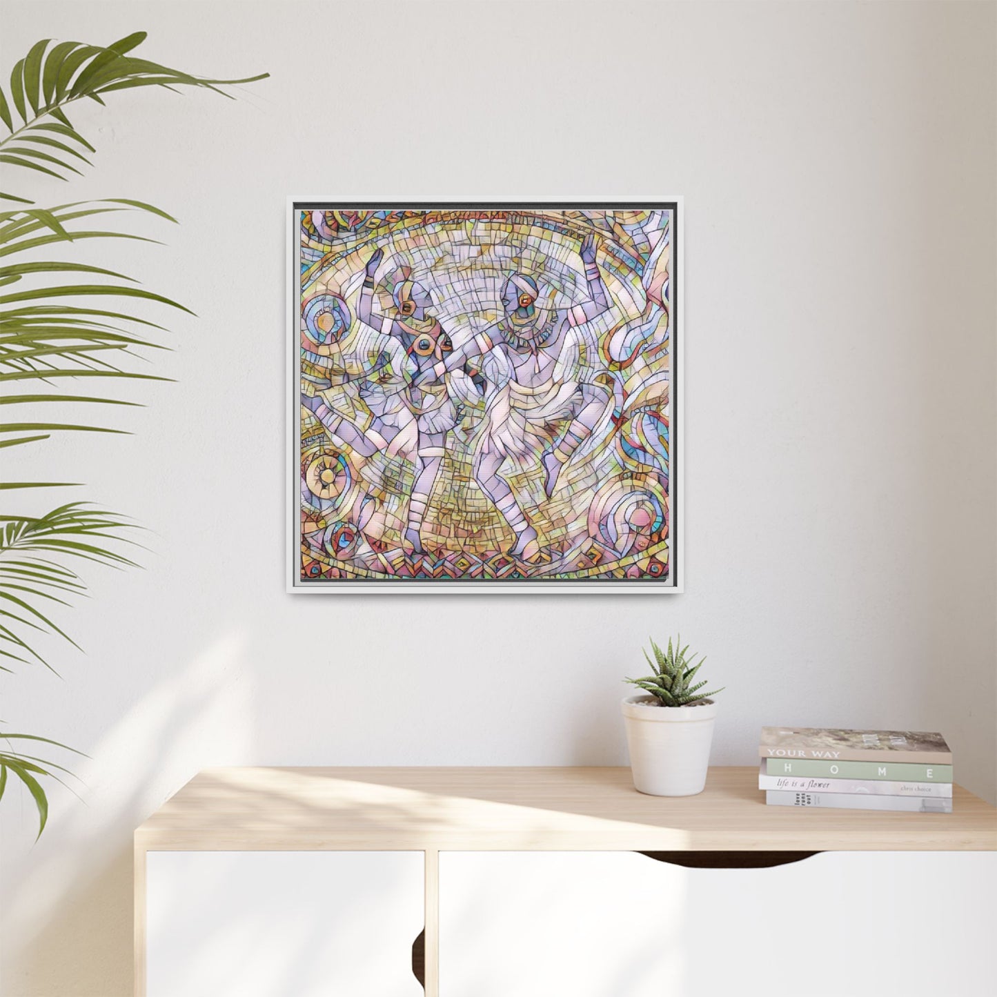 Abstract Dancers Matte Framed Canvas Wall Art — Multi‑Color Stained Glass Style
