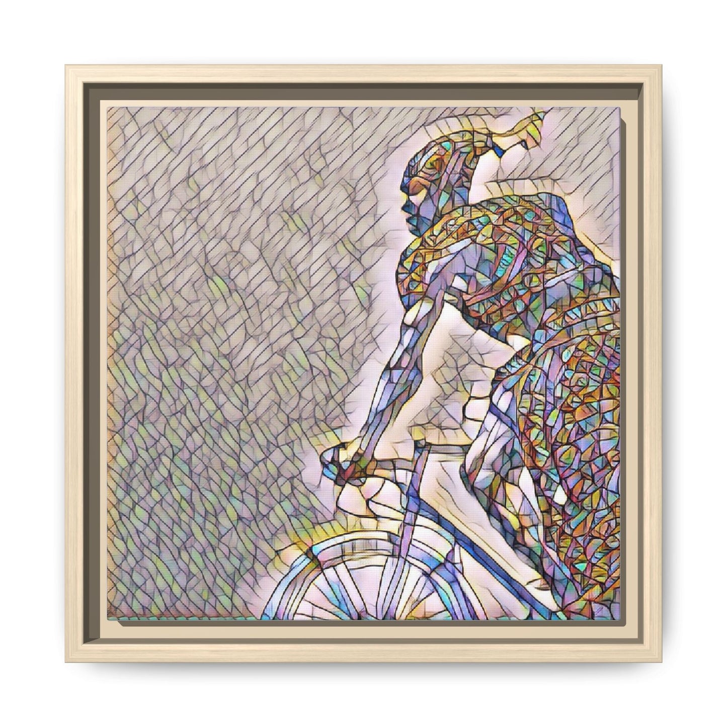 Cyclist Mosaic Matte Canvas Print — Framed Multicolor Bike Art