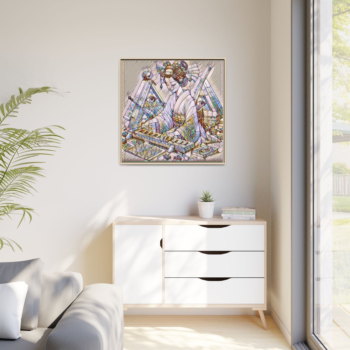 Framed Matte Canvas: Stained-Glass Geisha Wall Art