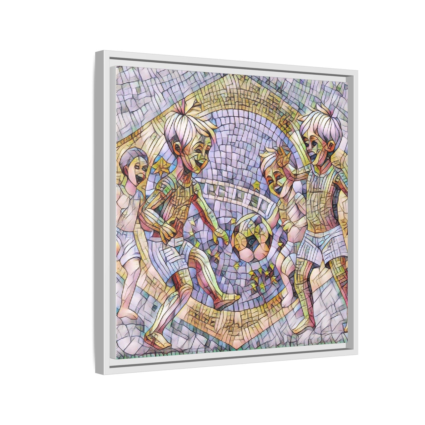 Framed Matte Canvas – Vintage Mosaic Kids Playing Soccer Art