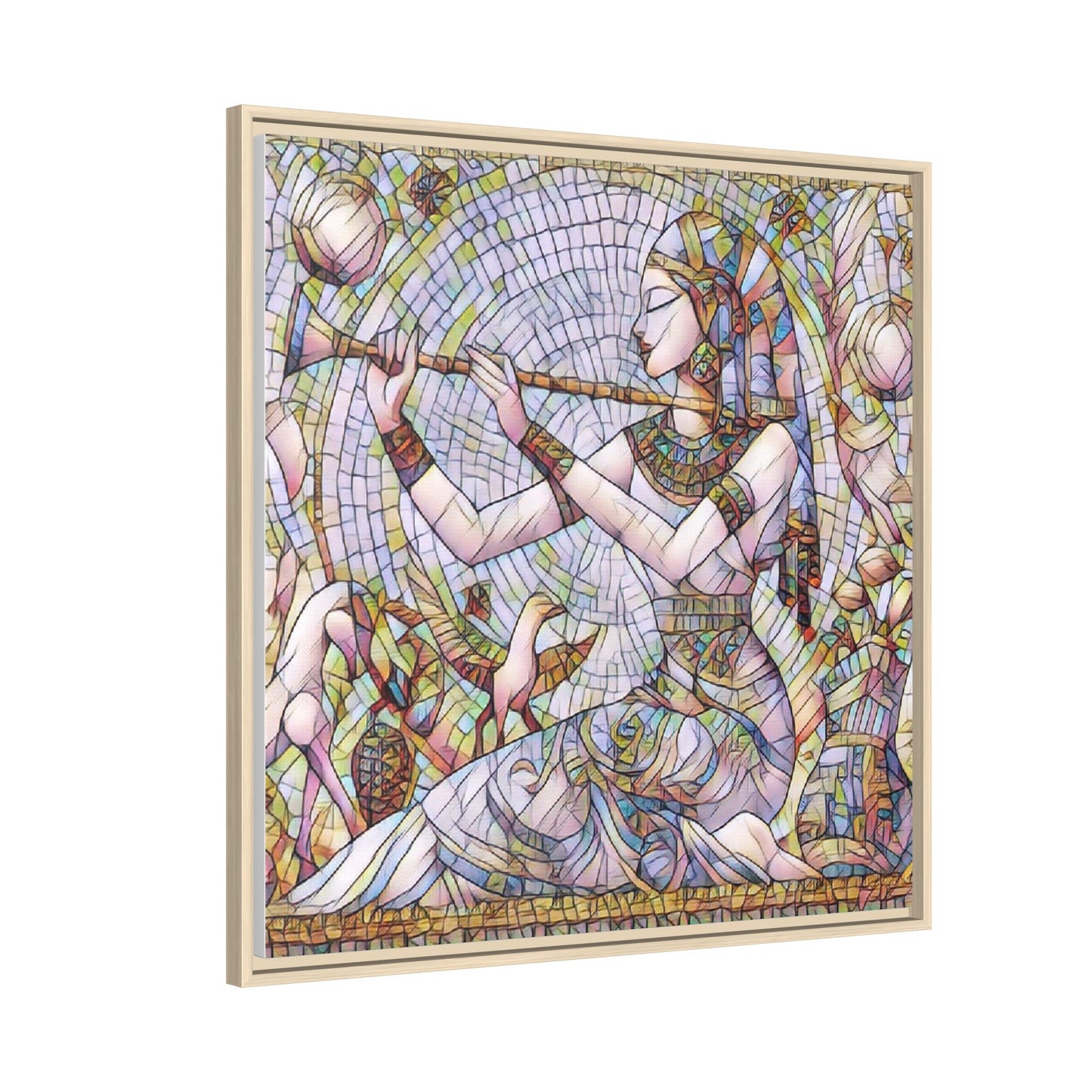 Egyptian Flute Player Framed Canvas Art — Colorful Mosaic Wall Decor