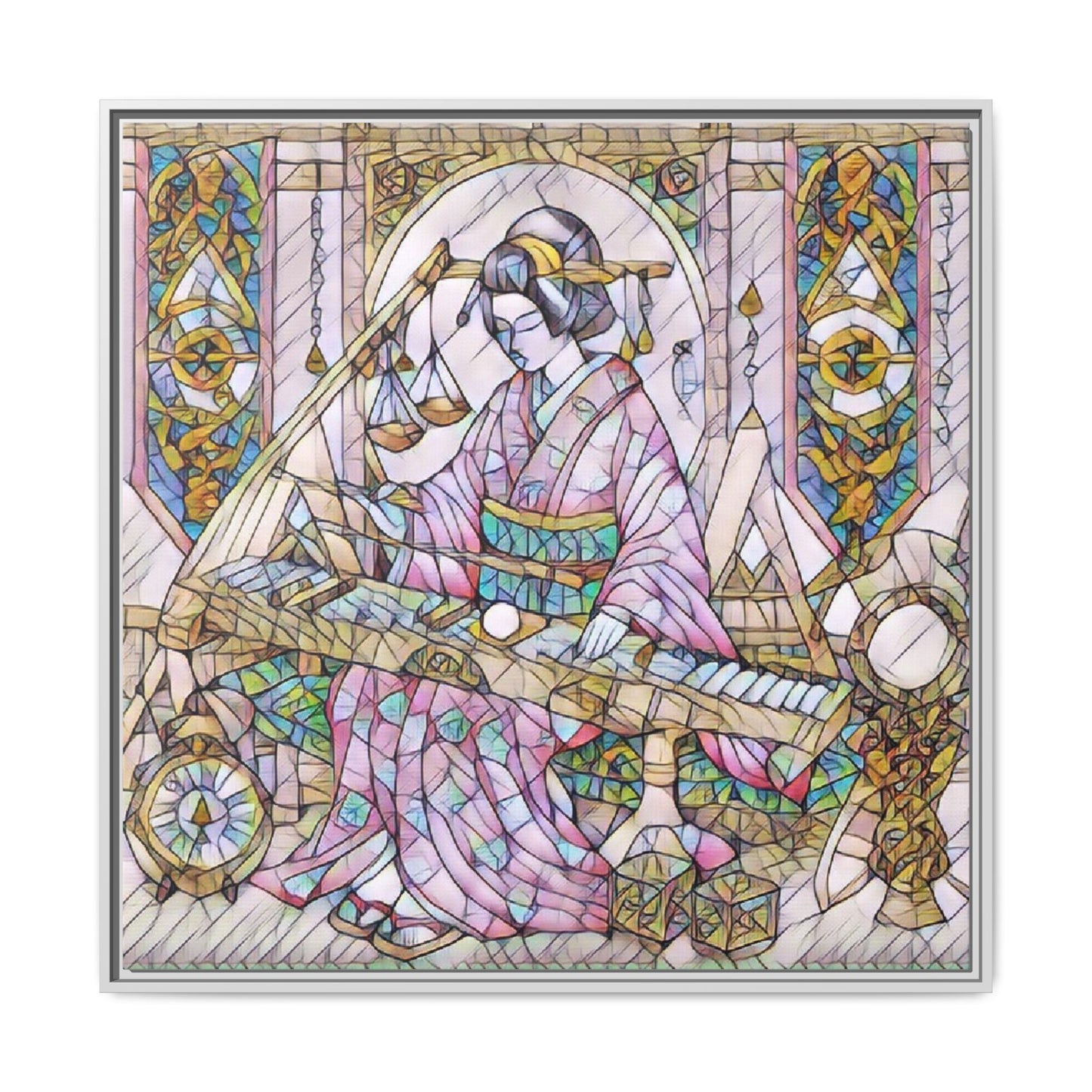 Framed Matte Canvas — Geisha Harp Stained-Glass Art Print