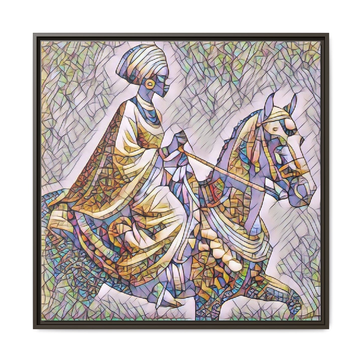 Mosaic Rider Framed Canvas Art — African Horsewoman Wall Decor