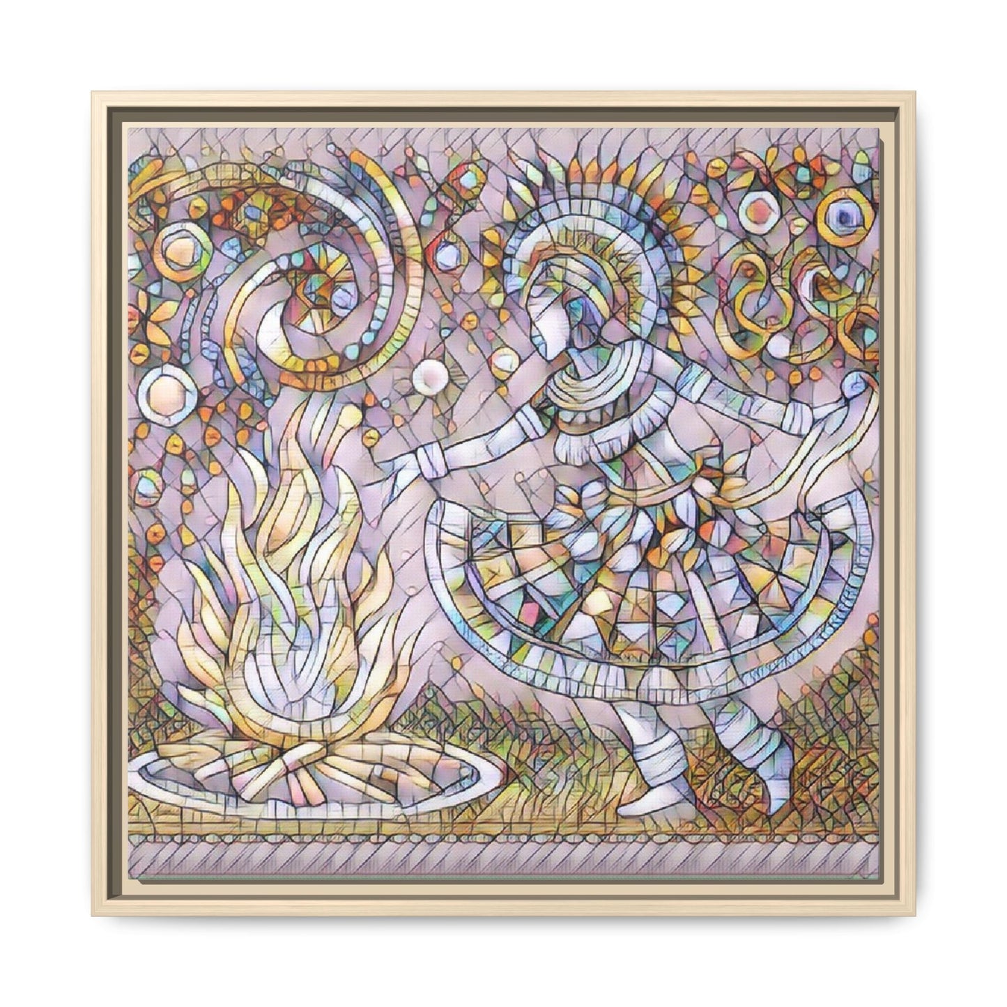 Bohemian Fire Dancer Framed Canvas Art — Colorful Folk Mosaic Wall Decor