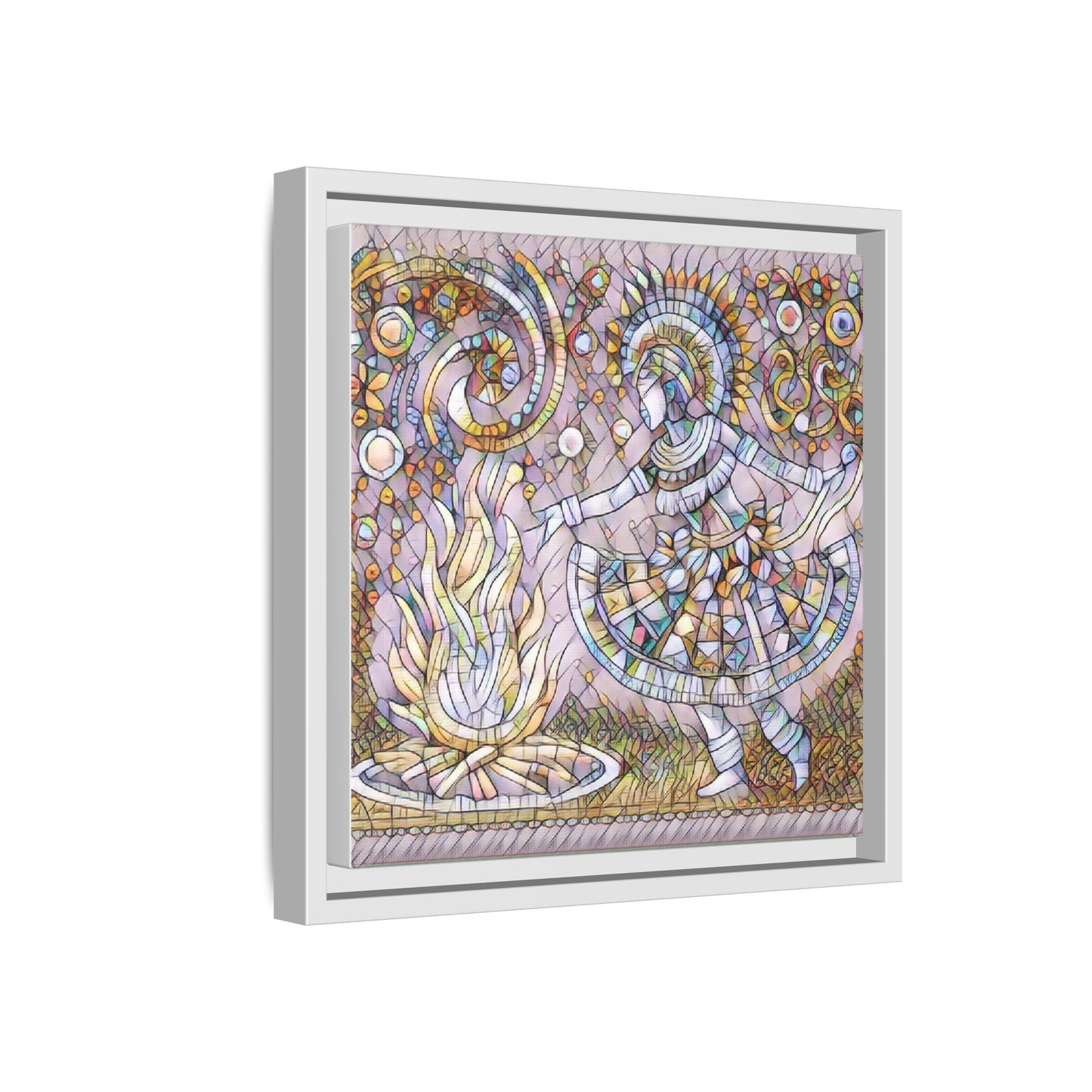Bohemian Fire Dancer Framed Canvas Art — Colorful Folk Mosaic Wall Decor