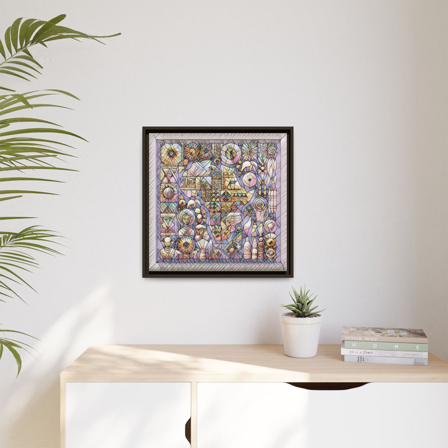 Framed Abstract Mosaic Matte Canvas Art — Pastel Geometric Wall Decor