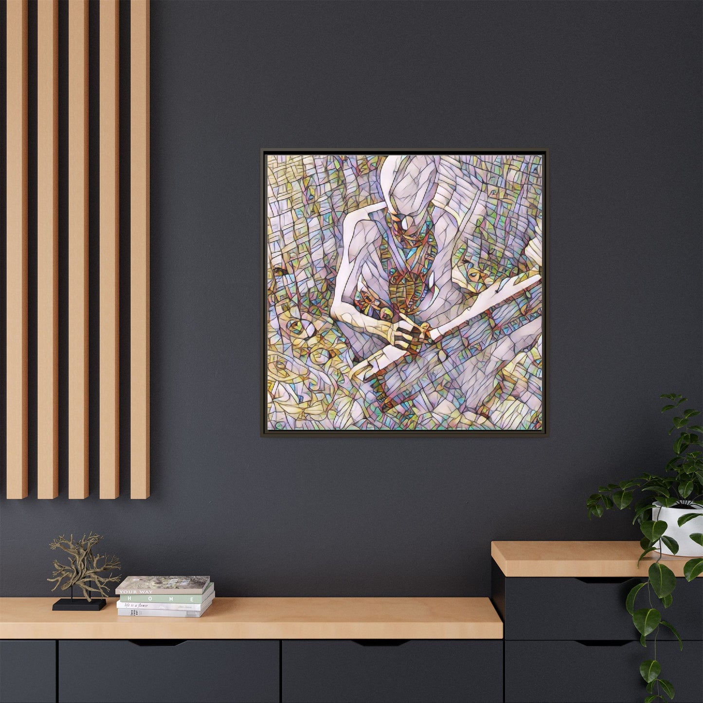 Abstract Fantasy Warrior Matte Framed Canvas — Colorful Stained-Glass Style Art