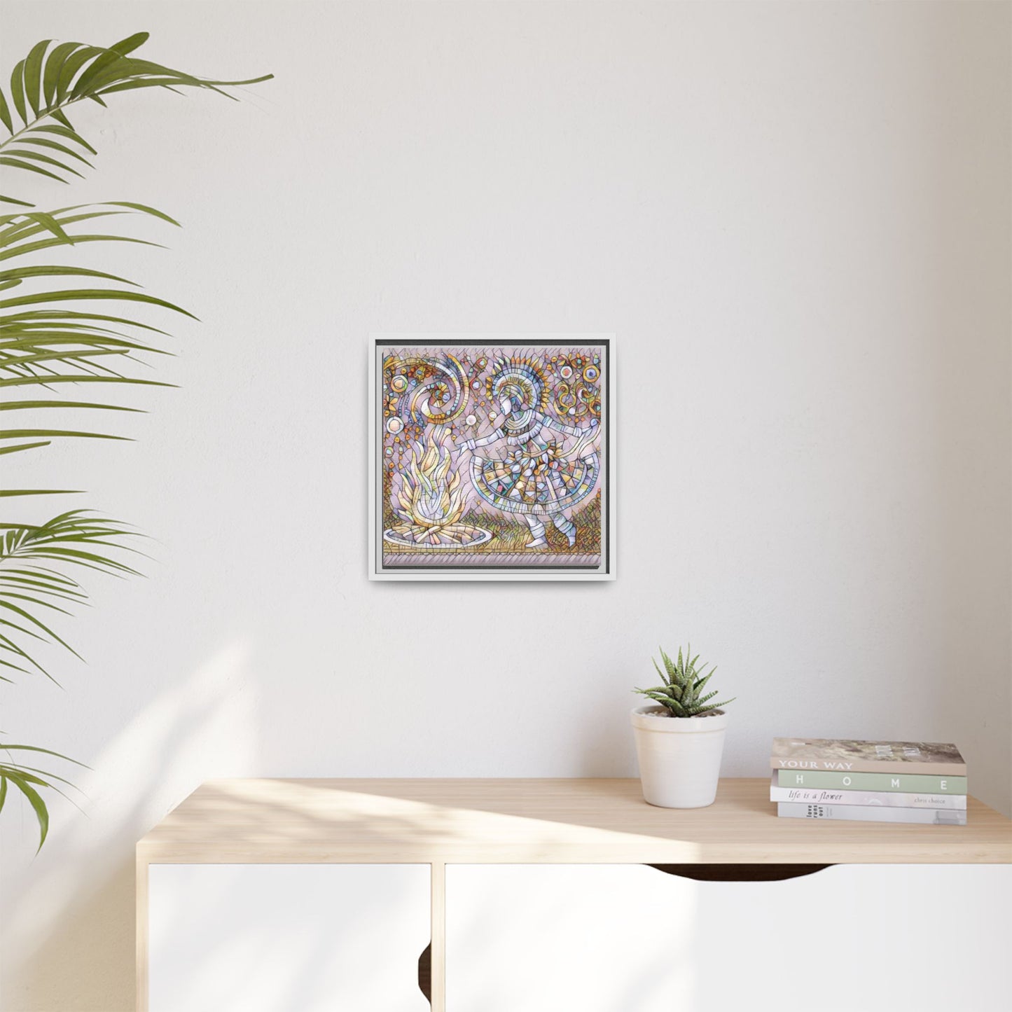 Bohemian Fire Dancer Framed Canvas Art — Colorful Folk Mosaic Wall Decor