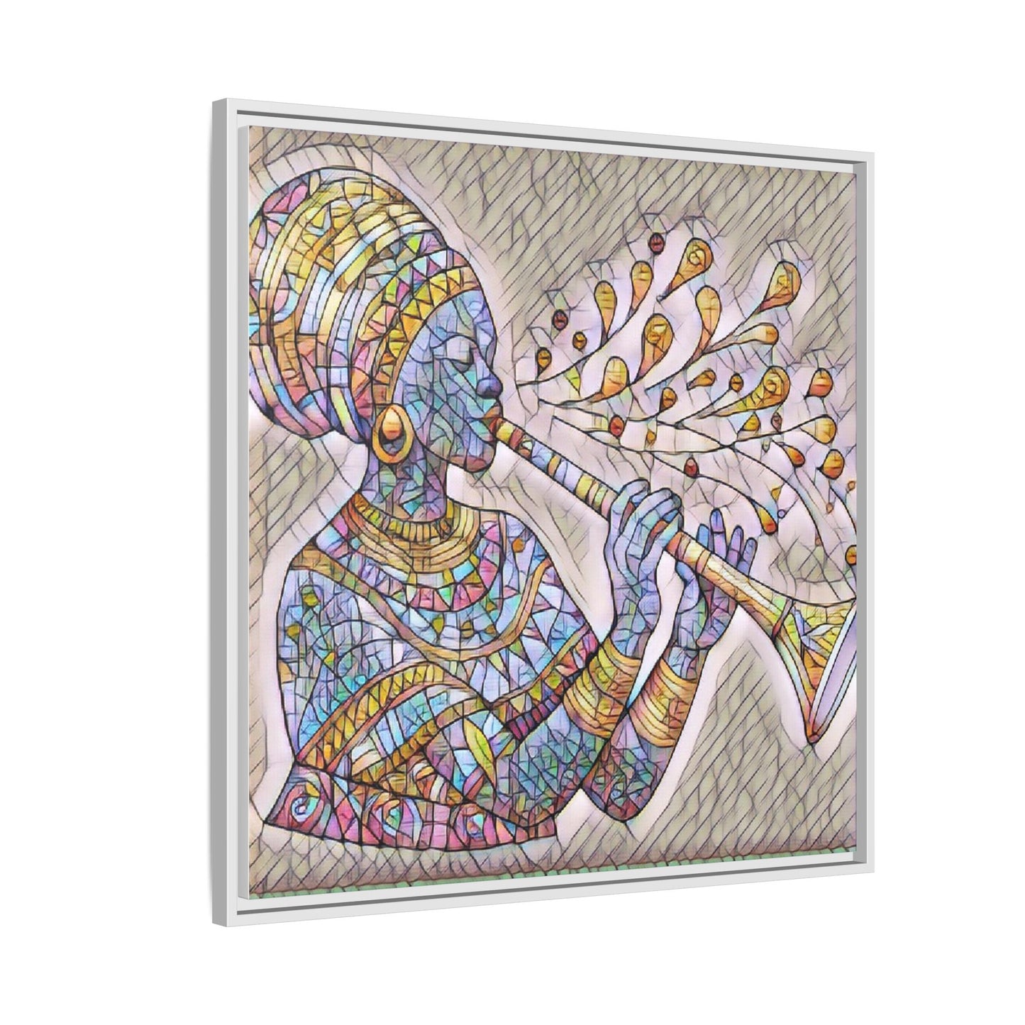 Framed Matte Canvas Art – Colorful African Musician Trumpet Print