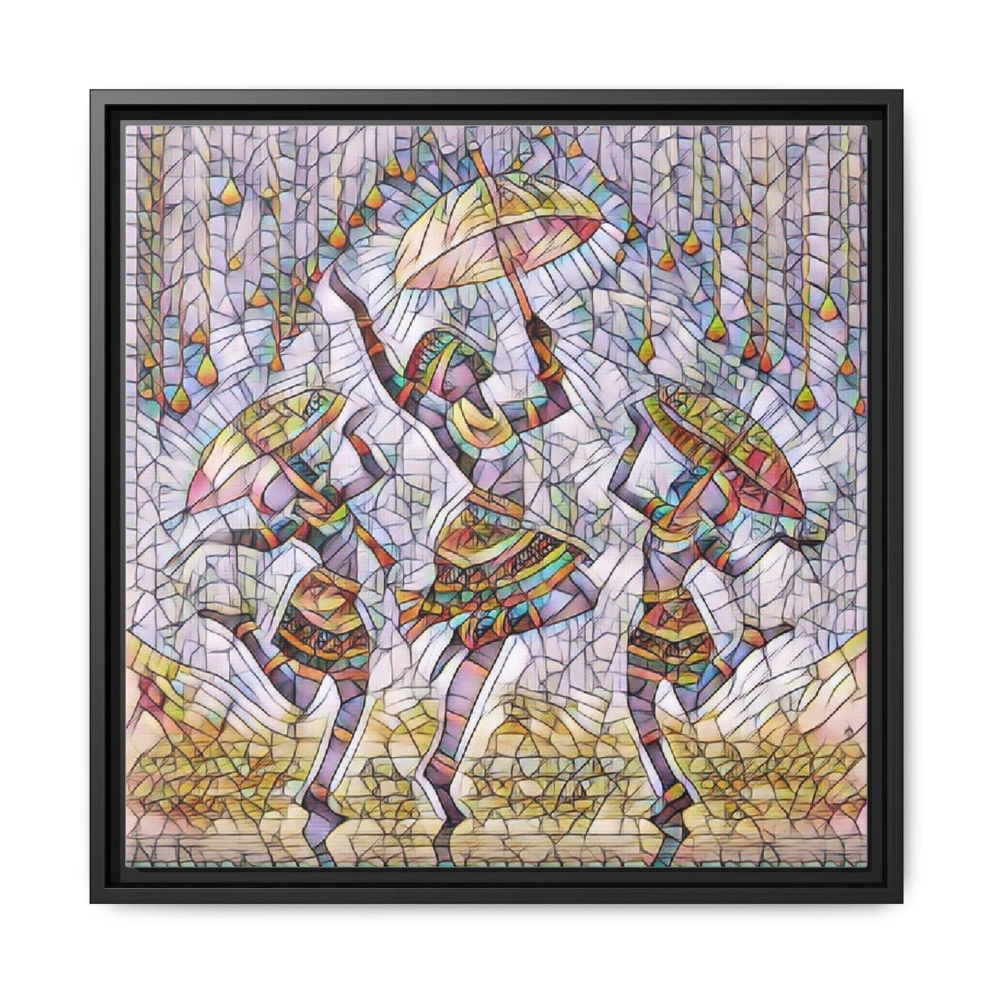 Colorful African Dance Framed Canvas Art — Umbrella Dancers Wall Decor