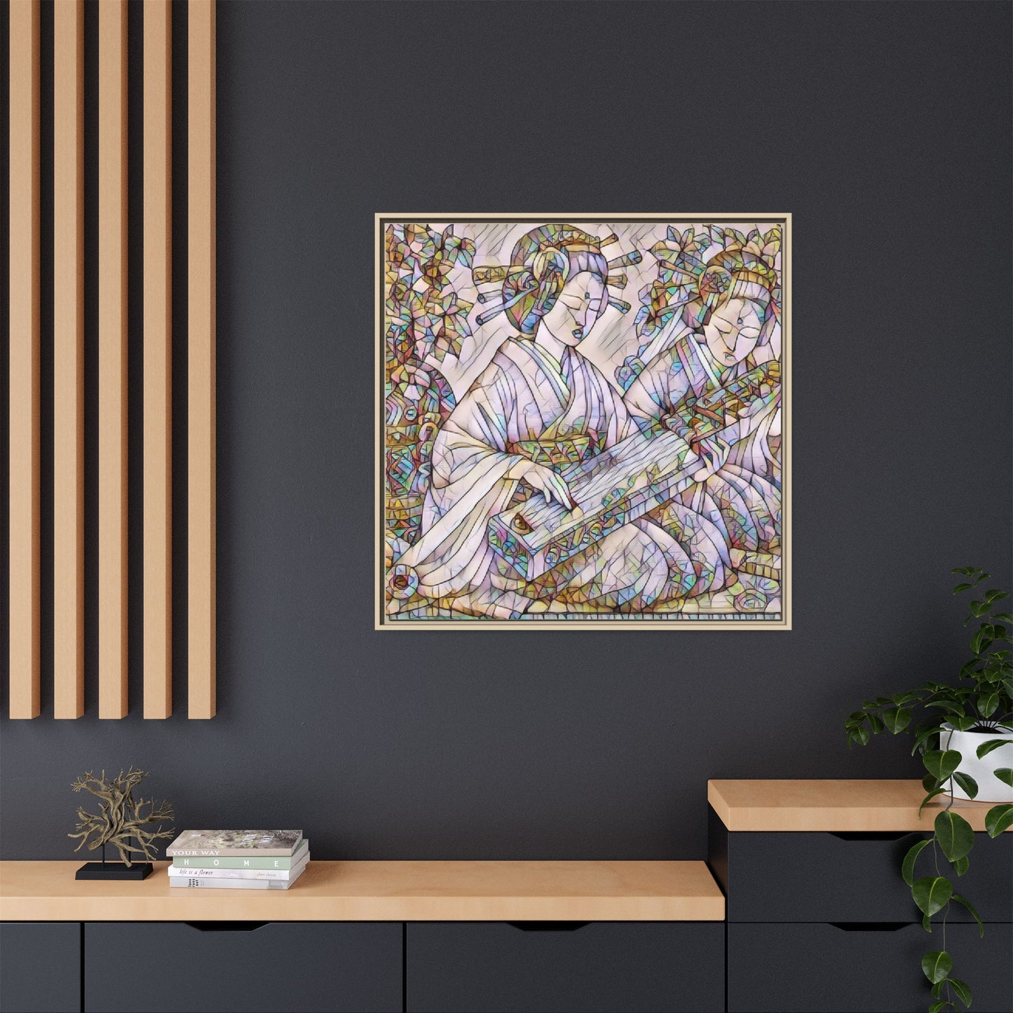 Framed Matte Canvas Print — Stained-Glass Geisha Duo