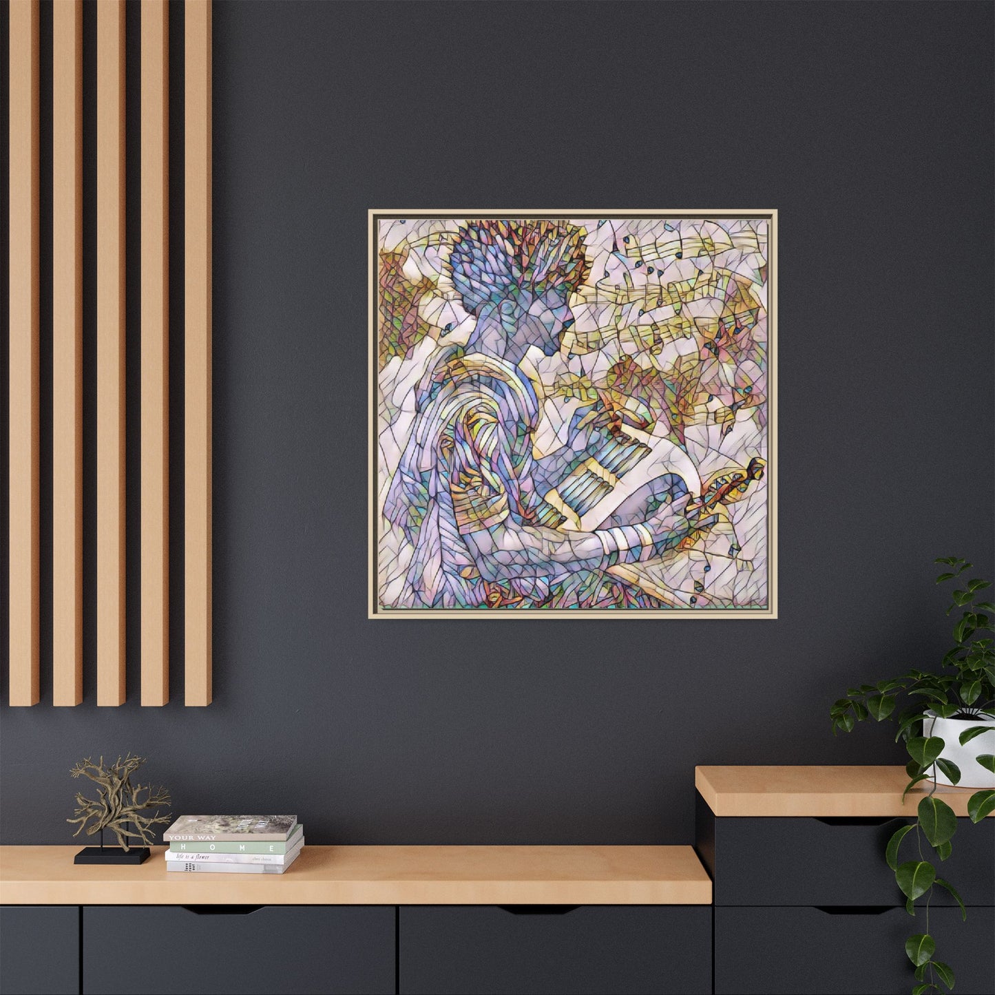 Abstract Jazz Musician Framed Canvas Art — Colorful Stained-Glass Style Wall Decor