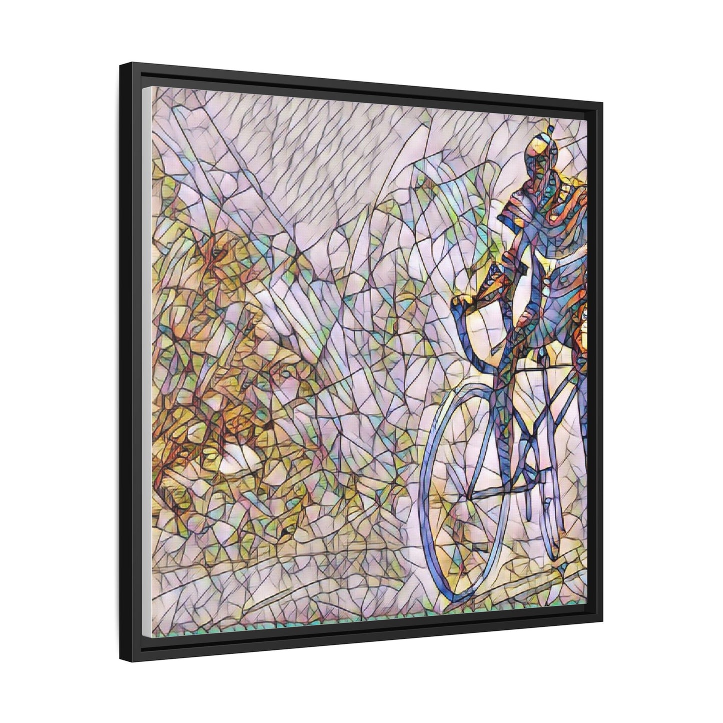 Colorful Cyclist Stained-Glass Art — Framed Matte Canvas