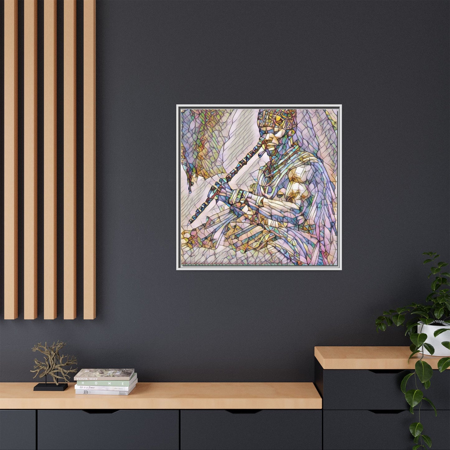 Tribal Flute Musician Stained-Glass Framed Canvas Art
