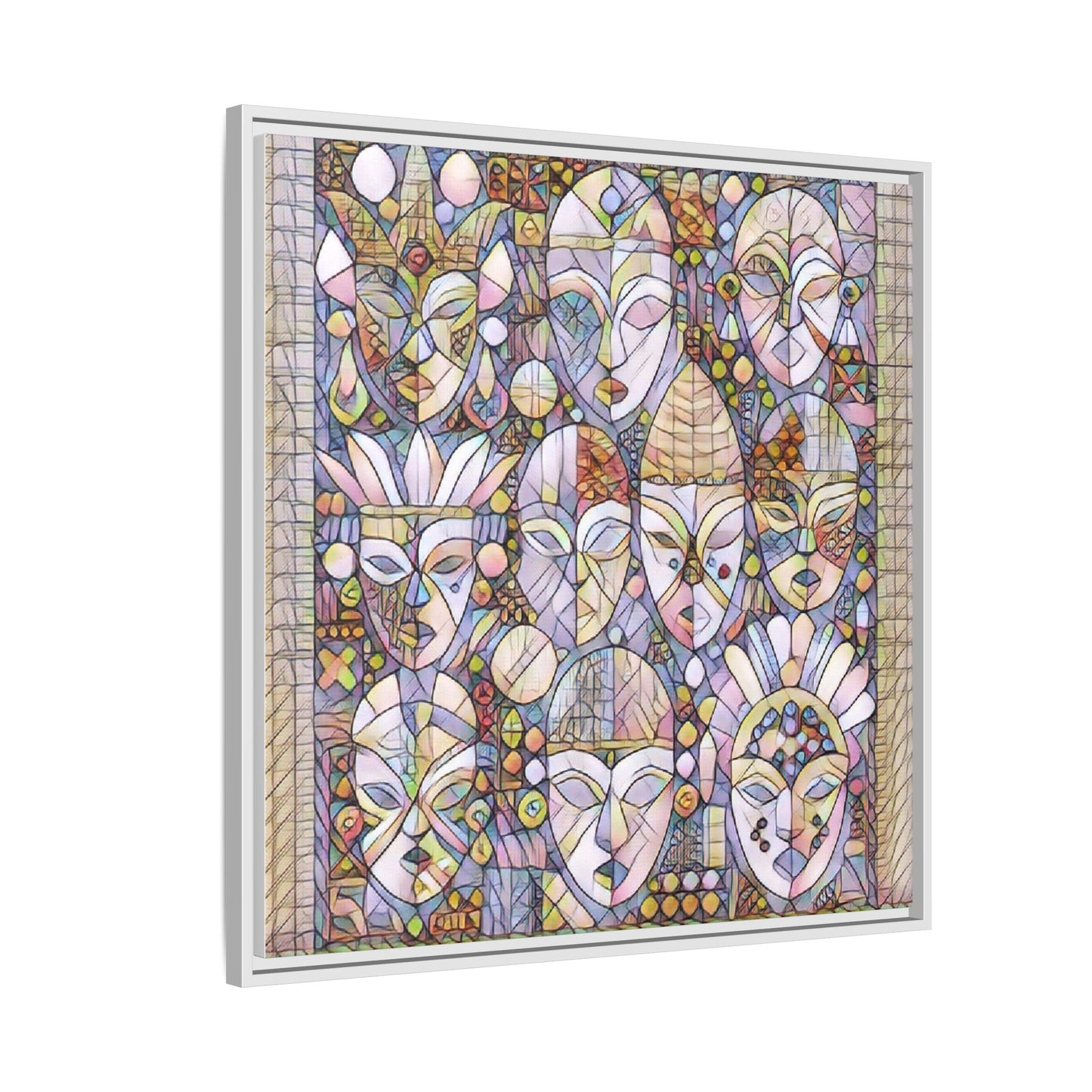 Framed Abstract Mask Art Canvas — Multicolor Stained-Glass Faces Wall Decor