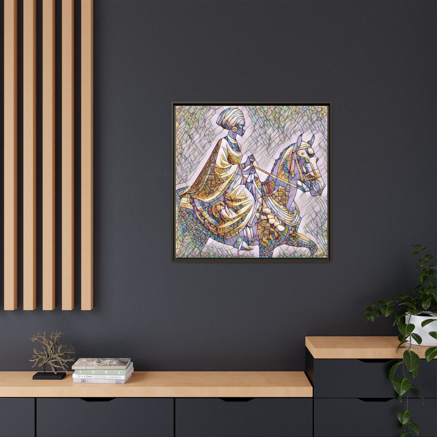 Mosaic Rider Framed Canvas Art — African Horsewoman Wall Decor