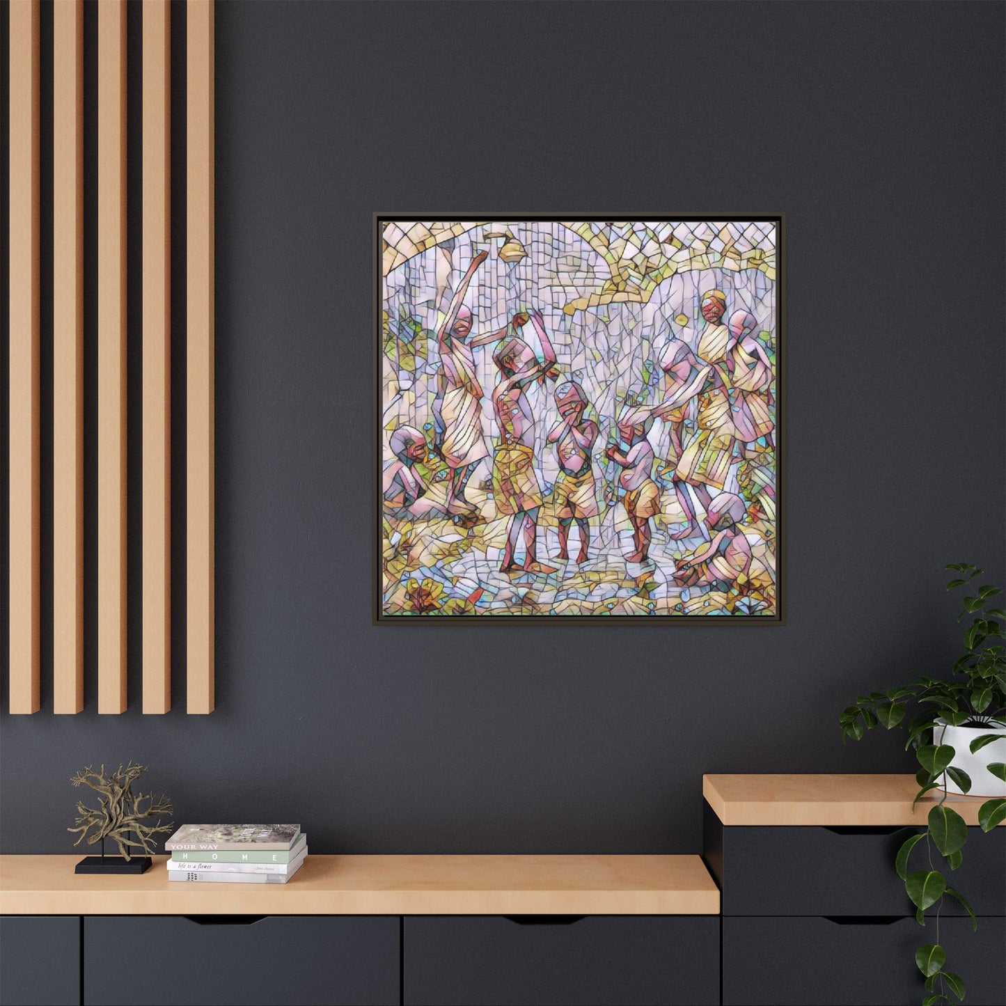 Framed Matte Canvas – Colorful Mosaic Children Playing Wall Art