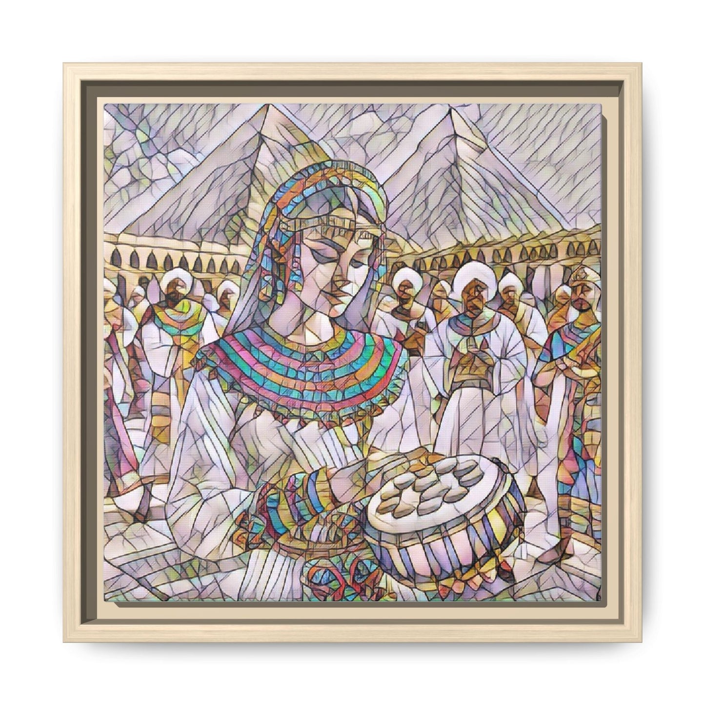 Egyptian Drum Player Framed Canvas Art — Colorful Ancient Scene Wall Decor