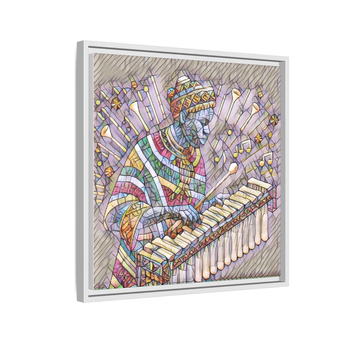 Colorful Marimba Musician Matte Framed Canvas — Vibrant African Instrument Wall Art
