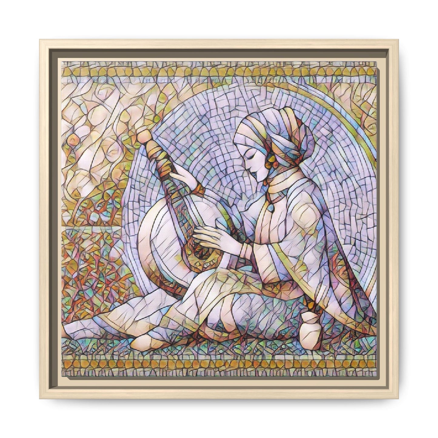 Framed Matte Canvas: Mosaic Lute Player Wall Art — Bohemian Musical Portrait