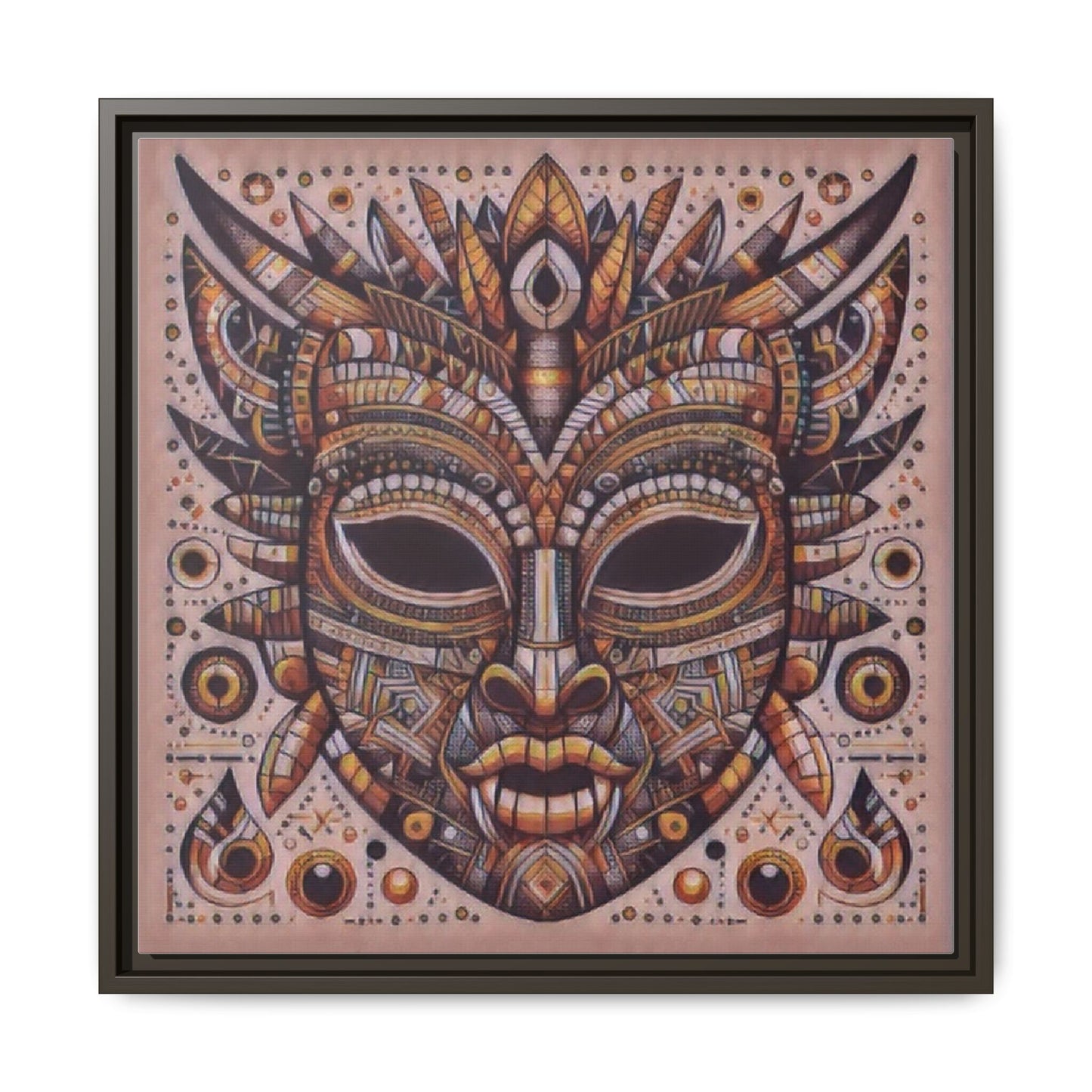 Tribal Mask Framed Canvas Art — Multicolor Matte Wall Decor