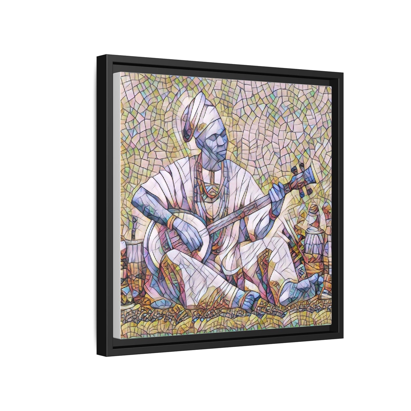 Framed Mosaic Musician Canvas Art — African Griot with Kora