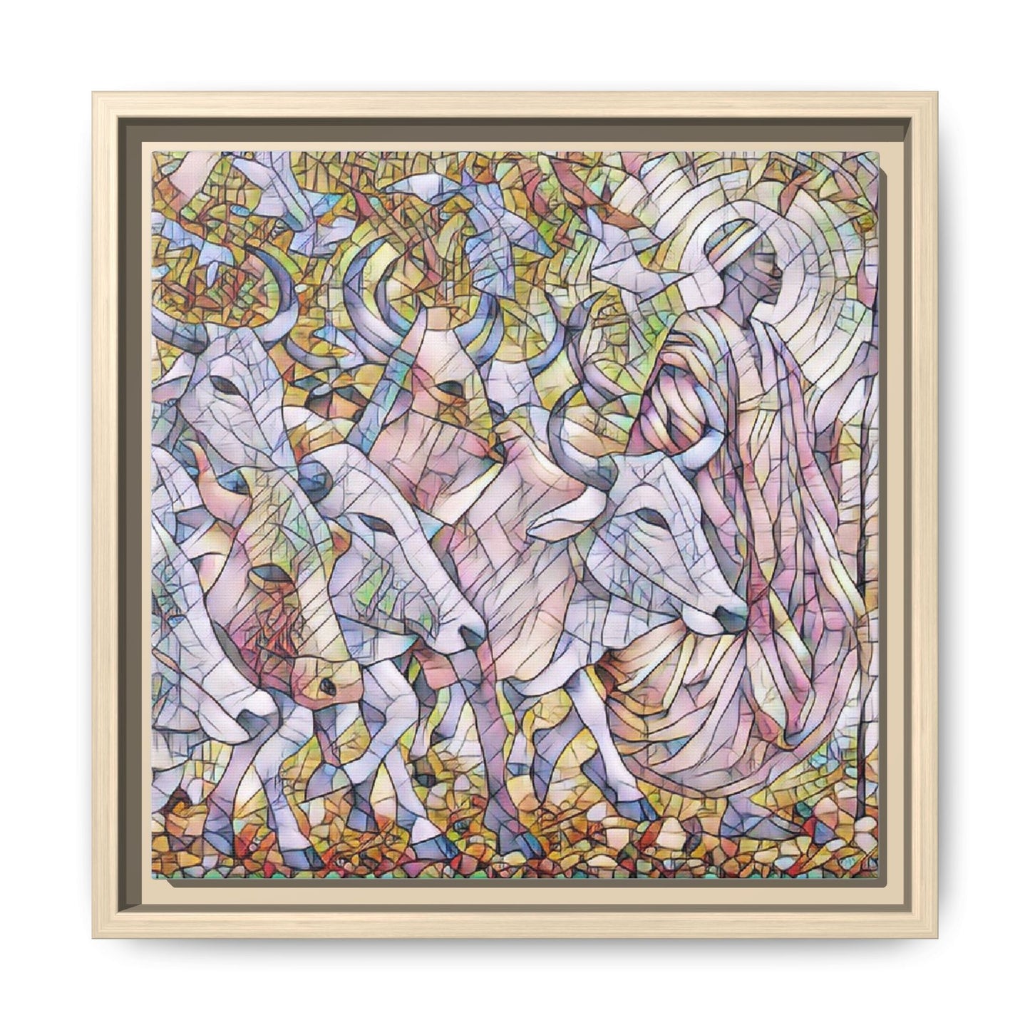 Framed Matte Canvas Art — Stained-Glass Style Cattle Herd