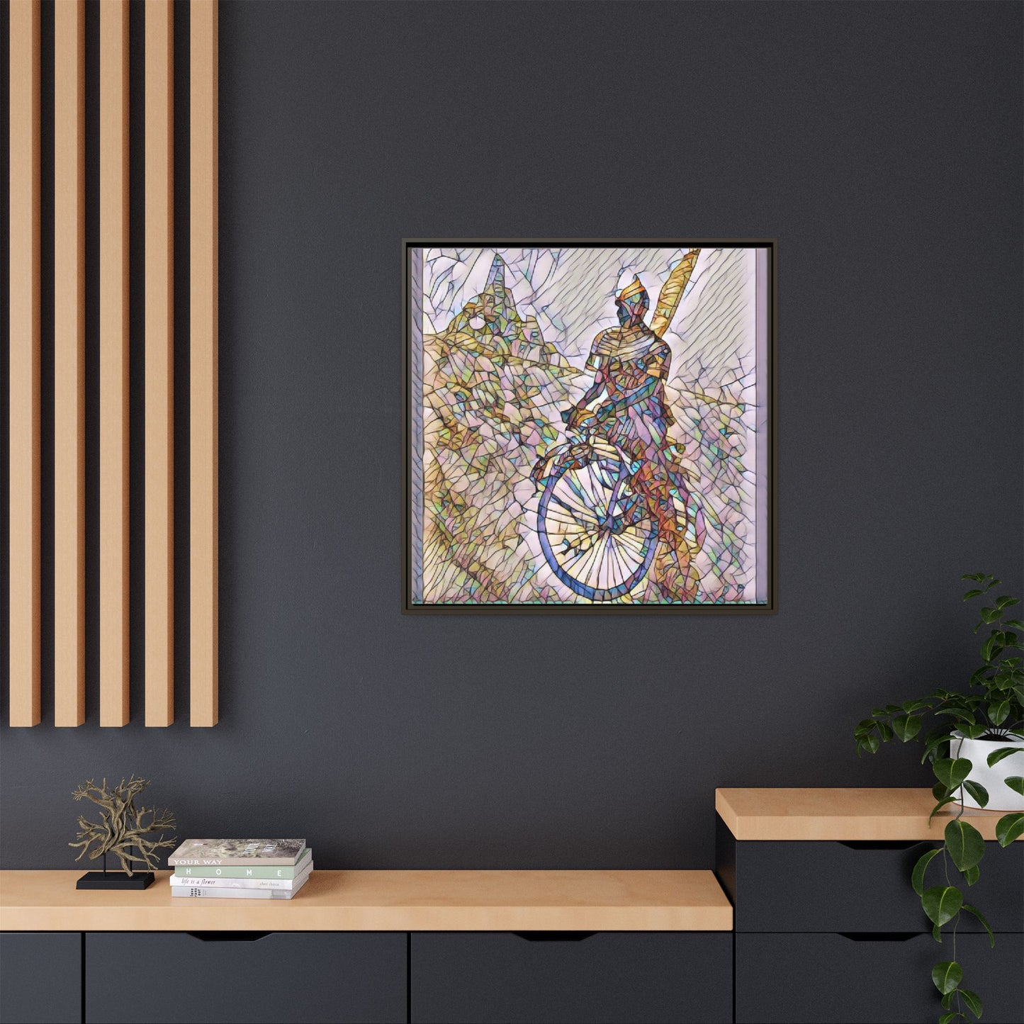 Cyclist Stained Glass Art Print — Framed Matte Canvas