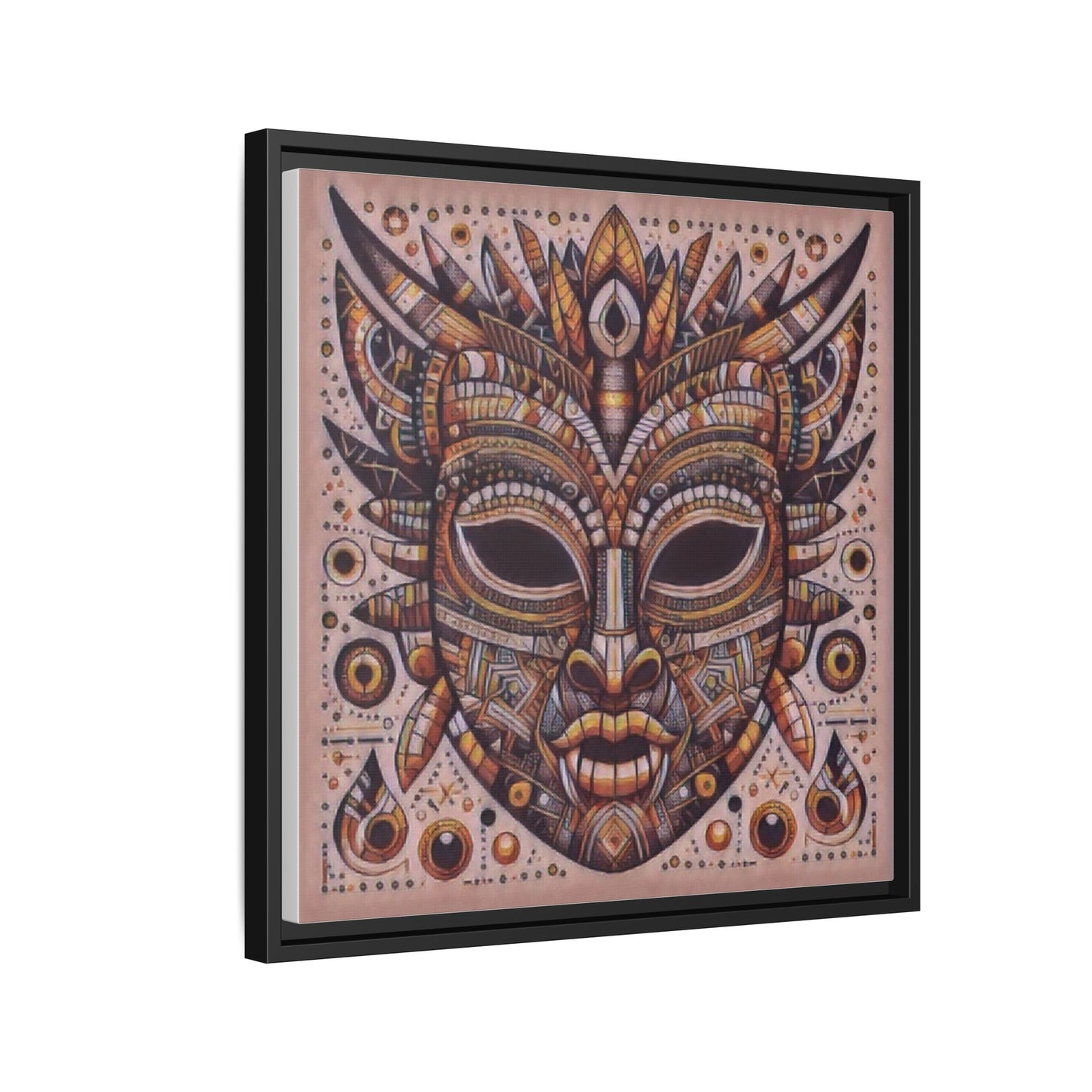 Tribal Mask Framed Canvas Art — Multicolor Matte Wall Decor